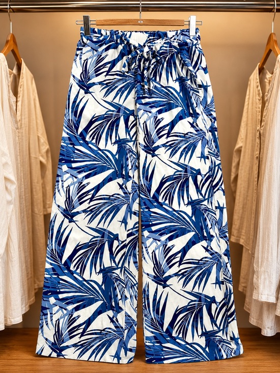 En Creme Pants - En Creme Blue & White Wide Leg Tropical Print Pants